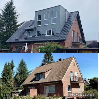 Vorher-Nachher-Vergleich einer Dachaufstockung mit neuer Fassadenbekleidung und dunklem Dach