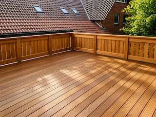 Große Holzterrasse mit umlaufendem Holzgeländer und Blick auf angrenzende Ziegeldächer