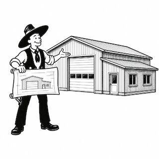Illustration eines Zimmerers mit Bauplan vor einer Gewerbehalle