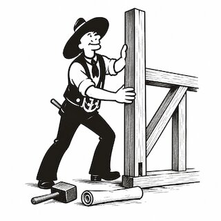 Illustration eines Zimmerers beim Aufbau einer Holzkonstruktion