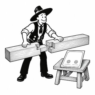 Illustration eines Zimmerers mit Holzverbindung und Urkunde