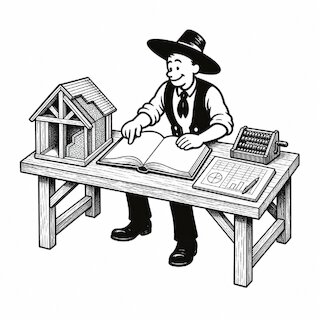 Illustration eines Zimmerers bei der Planung am Zeichentisch